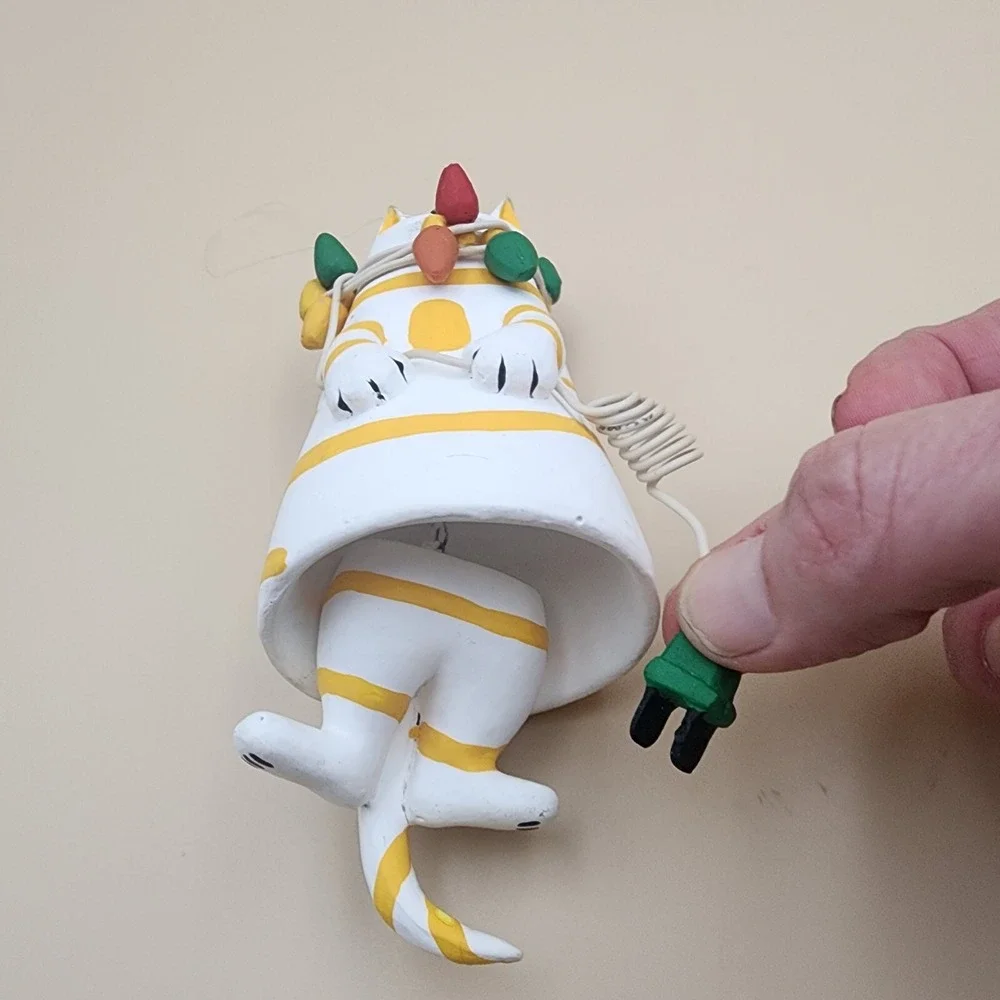 Tabby Cat Tangled‎ In Christmas Lights Ornament Legs Tail Movable Bell Like